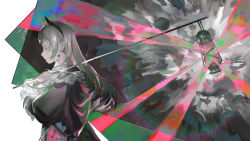 Rule 34 | 1girl, abstract background, arknights, black cape, black jacket, cape, capelet, closed mouth, commentary, earrings, from side, frown, glowing, grey eyes, grey hair, half-closed eyes, head wings, highres, holding, holding sword, holding weapon, irene (arknights), jacket, jewelry, lantern, long hair, long sleeves, looking down, pink skirt, rapier, skirt, solo, sword, tsuioku (908026270), upper body, weapon, white capelet, wings