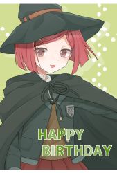 Rule 34 | 1girl, :3, absurdres, black cape, black hat, blush, cape, commentary request, green background, hair ornament, hairclip, happy birthday, hat, highres, jacket, letterboxed, long hair, long sleeves, looking at viewer, open mouth, pleated skirt, raimone (nekokirinv3), red eyes, red hair, red skirt, short hair, skirt, smile, solo, upper body, witch hat, yumeno himiko