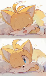 Rule 34 | 1boy, ^ ^, absurdres, animal ears, blue eyes, blush, c52278, closed eyes, fang, fox boy, fox ears, furry, furry male, gloves, highres, looking at viewer, lying, male focus, multiple views, on stomach, one eye closed, open mouth, smile, sonic (series), tails (sonic), white gloves