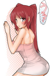 Rule 34 | 1girl, ass, blush, breasts, female focus, gradient background, impossible towel, kousaka tamaki, long hair, naked towel, red hair, solo, to heart (series), to heart 2, towel