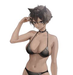 Rule 34 | 1girl, arm up, bare arms, bare shoulders, bikini, black bikini, black choker, black eyes, black hair, breasts, choker, cleavage, collarbone, dark-skinned female, dark skin, expressionless, hair between eyes, hair ears, halterneck, highres, large breasts, looking at viewer, micchan (ohisashiburi), navel, ohisashiburi, original, parted lips, pointy hair, short hair, sideways glance, simple background, skindentation, solo, standing, stomach, string bikini, swimsuit, tomboy, tsurime, upper body, wet, white background