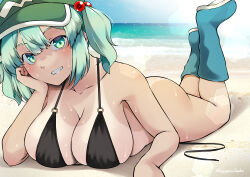Rule 34 | 1girl, alternate costume, ass, bikini, black bikini, blue eyes, blue hair, blush, boots, bottomless, breasts, cleavage, commentary request, flat cap, full body, green hat, grin, hair bobbles, hair ornament, hat, head rest, highres, kagiyama shachou, kawashiro nitori, large breasts, looking at viewer, lying, medium hair, on stomach, sidelocks, smile, solo, sweat, swimsuit, the pose, touhou, twitter username, two side up, untied bikini