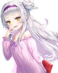 Rule 34 | 1girl, alternate costume, arm behind back, asymmetrical hair, bare shoulders, blunt bangs, blush, box, breasts, casual, commentary, cowboy shot, dress, gift, gift box, hair bun, hairband, hand to own mouth, holding, holding box, hololive, long hair, looking at viewer, murasaki shion, nightgown, off-shoulder dress, off shoulder, open mouth, orange eyes, pensuke, see-through silhouette, side bun, silver hair, simple background, single hair bun, single side bun, small breasts, smile, solo, valentine, virtual youtuber, white background