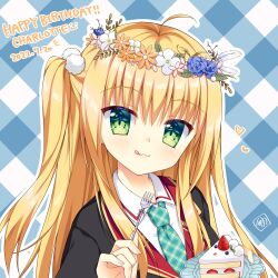Rule 34 | 1girl, 2022, :3, ahoge, ambitious mission, black jacket, blonde hair, blush, cake, cake slice, character name, charlotte di curvehorn yeatz, checkered background, closed mouth, collared shirt, commentary, dated, eyes visible through hair, flower wreath, food, fork, fruit, green eyes, hair between eyes, hair ornament, hanesaki seika, happy, happy birthday, head tilt, head wreath, heart, highres, holding, holding fork, holding plate, jacket, licking lips, long hair, looking at viewer, necktie, official art, pinky out, plaid necktie, plate, pom pom (clothes), pom pom hair ornament, school uniform, shirt, sidelocks, signature, simple background, smile, solo, straight hair, strawberry, tongue, tongue out, two side up, white shirt