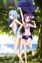 Rule 34 | 10s, 2girls, absurdres, ahoge, armpits, ass, asuna (sao), asuna (sao-alo), barefoot, bikini, bikini skirt, blue eyes, blue hair, breasts, cleaned, cleavage, day, feet, flat ass, front-tie bikini top, front-tie top, hair ornament, half updo, highres, jacket, kneepits, long hair, long legs, looking at viewer, looking back, medium breasts, multiple girls, nakamura naoto, navel, official art, open mouth, outdoors, pointy ears, purple hair, red eyes, side-tie bikini bottom, sideboob, small breasts, smile, standing, standing on one leg, striped bikini, striped clothes, swimsuit, sword art online, thighs, tree, unworn jacket, white bikini, yuuki (sao)