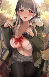 Rule 34 | 1girl, :d, absurdres, black pantyhose, black shirt, blush, bow, bowtie, bra, breasts, brown eyes, brown hair, cleavage, coat, collarbone, commentary request, fur-trimmed coat, fur trim, green coat, grey sailor collar, hayakawa akari, highres, hood, hood down, hooded coat, large breasts, lens flare, long hair, long sleeves, looking at viewer, loose bowtie, melonbooks, miniskirt, open clothes, open coat, open mouth, open shirt, original, outdoors, panties, panties under pantyhose, pantyhose, pantyshot, pleated skirt, red bow, red bowtie, sailor collar, school uniform, serafuku, shirt, sitting, skirt, smile, solo, sweat, swing, thigh gap, unbuttoned, unbuttoned shirt, underwear, undressing, white bra