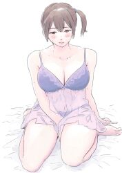 Rule 34 | 1girl, alternate costume, bare shoulders, barefoot, blush, breasts, brown eyes, brown hair, cleavage, full body, highres, kaga (kancolle), kantai collection, large breasts, lingerie, long hair, looking down, negligee, purple negligee, seiza, side ponytail, sitting, solo, underwear, underwear only, vent arbre