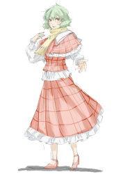 Rule 34 | 1girl, absurdres, adapted costume, capelet, commentary, full body, green hair, highres, kazami yuuka, long sleeves, looking at viewer, oonishi jun, plaid, plaid capelet, plaid skirt, plaid vest, red capelet, red eyes, red footwear, red skirt, red vest, scarf, short hair, simple background, skirt, solo, touhou, vest, white background, winter clothes, yellow scarf