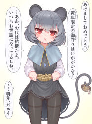 Rule 34 | 1girl, accidental exposure, animal ears, basket, black pantyhose, blush, commentary request, cowboy shot, crystal, dress, gluteal fold, grey dress, grey hair, harunoha, highres, jewelry, lifting own clothes, long sleeves, looking at viewer, mouse ears, mouse girl, mouse tail, nazrin, open mouth, pantyhose, pendant, red eyes, shirt, short hair, skirt basket, solo, tail, touhou, translation request, white shirt