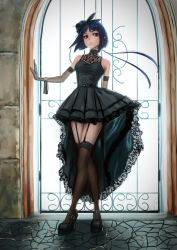 Rule 34 | 1girl, black dress, black footwear, black thighhighs, blue eyes, blue hair, bow, breasts, dress, elbow gloves, full body, garter straps, gloves, hair bow, highres, indoors, looking at viewer, ryohhe, small breasts, solo, standing, thighhighs, window