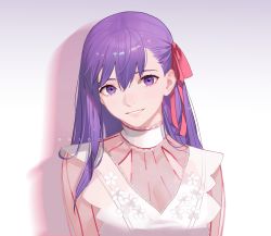 Rule 34 | 1girl, absurdres, breasts, dress, drid, fate/stay night, fate (series), floral print, hair ribbon, highres, large breasts, long hair, looking at viewer, matou sakura, purple eyes, purple hair, red ribbon, ribbon, sleeveless, sleeveless dress, smile, solo, white dress