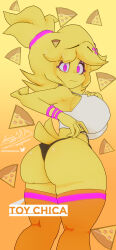 Rule 34 | 1girl, 3d, absurdres, ass, black panties, breasts, cally3d, chica, chica (cally3d), crop top, curvy, five nights at freddy&#039;s, food, from behind, furry, highres, huge ass, large breasts, looking at viewer, orange thighhighs, panties, pizza, pizza slice, ponytail, purple eyes, tail, thick thighs, thighhighs, thighs, underwear, wide hips, yellow fur