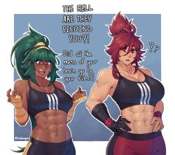 Rule 34 | !?, 2girls, ?, abs, bandaged arm, bandages, border, breast envy, breasts, commentary, dark-skinned female, dark skin, english commentary, english text, green hair, isabongos, large breasts, multiple girls, muscular, muscular female, navel, open mouth, original, ponytail, red eyes, red hair, sharp teeth, sports bra, sweat, teeth, tongue, twitter username, white border