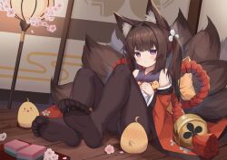 Rule 34 | 1girl, absurdres, amagi-chan (azur lane), animal ears, ass, azur lane, bare shoulders, bell, black pantyhose, brown hair, closed mouth, detached sleeves, feet, feet together, flower, foot focus, fox ears, fox girl, fox tail, hair intakes, hair ribbon, highres, indoors, japanese clothes, kimono, kitsune, kyuubi, lantern, light frown, manjuu (azur lane), medium hair, multiple tails, no shoes, panties, panties under pantyhose, pantyhose, paper lantern, purple eyes, red ribbon, ribbon, shouji, sitting, sliding doors, soles, solo, synring97, tail, thick eyebrows, toes, twintails, underwear, wooden floor