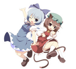 Rule 34 | 2girls, animal ears, blue dress, blue eyes, blue hair, bow, brown hair, cat ears, cat girl, cat tail, chen, cirno, dress, female focus, hair bow, hat, highres, miko machi, multiple girls, multiple tails, one eye closed, outstretched arms, paw pose, purple eyes, short hair, simple background, spread arms, tail, touhou, wink