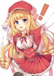 Rule 34 | !, 1girl, black thighhighs, blonde hair, bow, copyright request, dress, drill hair, hat, lily (shironeko project), long sleeves, looking at viewer, open mouth, red bow, red dress, rento (rukeai), shironeko project, smile, solo, thighhighs