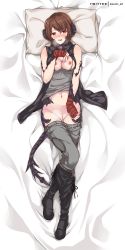 Rule 34 | 1girl, absurdres, artist name, au ra, warrior of light (ff14), bare arms, bed, bed sheet, black footwear, black jacket, blush, boots, breasts, brown hair, commentary request, eyebrows, final fantasy, final fantasy xiv, fingerless gloves, gloves, grey pants, grey shirt, hand on own thigh, hand up, hands on own breasts, head tilt, heavy breathing, highres, horns, jacket, kizuchi r, knee up, lying, medium breasts, midriff, navel, nipples, on back, on bed, open mouth, pants, partially undressed, pillow, pussy, red eyes, red gloves, shirt, short hair, skirt, sleeveless, sleeveless jacket, smile, solo, tail, teeth, twitter username