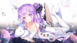 Rule 34 | 1girl, ahoge, ass, azur lane, bare shoulders, black bow, black ribbon, blue n, bow, breasts, bubble, bug, butterfly, cannon, cleavage, collarbone, commentary request, detached sleeves, dress, flight deck, full body, hair between eyes, hair bun, hair ornament, hair ribbon, head tilt, highres, insect, legs up, long hair, long sleeves, looking at viewer, lying, no shoes, hugging object, on stomach, one side up, parted lips, purple eyes, purple hair, reflection, ribbon, side bun, single hair bun, single side bun, sleeves past wrists, small breasts, solo, strapless, strapless dress, stuffed animal, stuffed pegasus, stuffed toy, stuffed unicorn, stuffed winged unicorn, thighhighs, turret, unicorn (azur lane), very long hair, water, white dress, white thighhighs