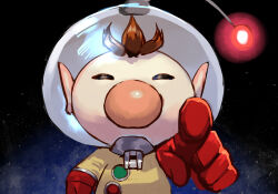 1boy big_nose brown_hair gloves helmet hungry_clicker male_focus nintendo olimar pikmin_(series) pointing pointing_at_viewer pointy_ears short_hair solo space_helmet spacesuit very_short_hair