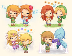 Rule 34 | 1boy, 4girls, ^ ^, beamed eighth notes, belt, belt buckle, blonde hair, blue dress, boots, brown belt, brown footwear, buckle, chibi, circlet, closed eyes, closed mouth, commentary, dress, earrings, eighth note, elbow gloves, english commentary, enni, fairy, fi (zelda), floating, flower, gloves, grass, green headwear, green tunic, hair flower, hair ornament, hands up, harp, hat, highres, holding, holding instrument, instrument, jewelry, light brown hair, link, long hair, long sleeves, malon, marin (zelda), multiple girls, multiple views, music, musical note, navi, neckerchief, nintendo, ocarina, open mouth, orange neckerchief, pan flute, parted bangs, pink dress, playing instrument, pointy ears, princess zelda, red flower, red ribbon, ribbon, sandals, short hair, sidelocks, simple background, singing, smile, staff (music), standing, swept bangs, the legend of zelda, the legend of zelda: link&#039;s awakening, the legend of zelda: ocarina of time, the legend of zelda: skyward sword, the legend of zelda: spirit tracks, the legend of zelda: the wind waker, toon link, toon zelda, tunic, white dress, white gloves, young link