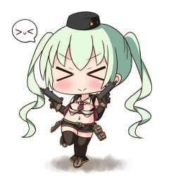 Rule 34 | &gt; &lt;, 1girl, black hat, black shorts, black thighhighs, black vest, blush, boots, breasts, brown footwear, brown gloves, brown necktie, chibi, closed mouth, detached sleeves, dual wielding, facing viewer, girls&#039; frontline, gloves, green hair, gun, hair between eyes, hana kazari, hat, holding, holding gun, holding weapon, long hair, long sleeves, machine pistol, medium breasts, micro uzi (girls&#039; frontline), midriff, mini hat, navel, necktie, short necktie, short shorts, shorts, smile, solo, spoken expression, standing, standing on one leg, star (symbol), submachine gun, thighhighs, twintails, uzi, v-shaped eyebrows, very long hair, vest, weapon, white background