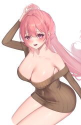 Rule 34 | 1girl, absurdres, arm up, blush, breasts, brown sweater, cleavage, commission, covered navel, highres, large breasts, long hair, long sleeves, looking at viewer, no pants, off-shoulder sweater, off shoulder, original, pink eyes, pink hair, ponytail, ribbed sweater, simple background, smile, solo, sweater, very long hair, white background, yuzabeecha