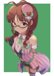 Rule 34 | 1girl, akizuki ritsuko, antenna hair, black gloves, blush, border, braid, breasts, brown eyes, brown hair, cleavage, closed mouth, commentary request, detached collar, dress, glasses, gloves, green background, hat, highres, idol, idol clothes, idolmaster, idolmaster million live!, looking at viewer, medium breasts, mini hat, semi-rimless eyewear, shuucream (syuichi), simple background, solo, striped clothes, striped dress, twin braids, vertical-striped clothes, vertical-striped dress, white border