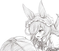 Rule 34 | 1girl, :d, animal ears, blush, bow, collared shirt, commentary request, fang, frilled hairband, frills, greyscale, hair over one eye, hairband, halloween, highres, horse ears, kimura shuuichi, long hair, looking away, monochrome, official alternate costume, open mouth, puffy sleeves, pumpkin, rice shower (make up vampire!) (umamusume), rice shower (umamusume), shirt, simple background, smile, solo, striped, striped bow, umamusume, white background