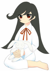 Rule 34 | 1girl, ashley (warioware), barefoot, black hair, closed mouth, dot nose, expressionless, full body, hair down, holding, holding stuffed toy, interlocked fingers, kurappii, lingerie, long hair, neck ribbon, nightgown, nintendo, own hands together, red eyes, red ribbon, ribbon, sidelocks, simple background, sitting, solo, stuffed animal, stuffed rabbit, stuffed toy, swept bangs, toes, underwear, warioware, white background