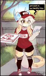 Rule 34 | 1girl, artist name, black shorts, black thighhighs, blonde hair, box, closed mouth, collarbone, day, english text, fins, fish tail, full body, furry, furry female, hat, highres, holding, holding box, horns, long hair, looking away, multicolored clothes, multicolored legwear, nami (teranen), original, outdoors, pizza box, red footwear, red shirt, shark tail, shirt, shoes, short sleeves, shorts, sneakers, solo, speech bubble, standing, striped clothes, striped thighhighs, tail, teranen, thighhighs, white thighhighs