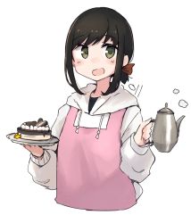 Rule 34 | 1girl, black hair, blush, cake, cropped torso, food, fubuki (kancolle), green eyes, highres, holding, hood, hoodie, kantai collection, long sleeves, ma rukan, open mouth, short hair, short ponytail, signature, simple background, smile, solo, white background, white hoodie