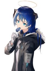 Rule 34 | 1girl, :p, arknights, bad id, bad pixiv id, black jacket, blue eyes, blue hair, candy, commentary, food, fur-trimmed jacket, fur trim, gloves, halo, hand up, highres, holding, holding food, horns, jacket, lollipop, long hair, long sleeves, looking at viewer, mostima (arknights), shirt, simple background, solo, tongue, tongue out, upper body, white background, white gloves, white shirt, yamiiv