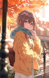 Rule 34 | 1girl, :3, absurdres, adapted costume, adjusting clothes, adjusting scarf, animal ears, autumn, autumn leaves, bag, blue scarf, blurry, blurry foreground, blush, bone hair ornament, braid, breasts, bridge, brown hair, cardigan, closed mouth, commentary, day, depth of field, dog ears, dog girl, double-parted bangs, dress, ears down, falling leaves, full body, hair between eyes, hair ornament, hairclip, handbag, highres, hololive, inugami korone, inugami korone (1st costume), komiya latte, leaf, long hair, looking at viewer, low twin braids, medium breasts, open cardigan, open clothes, outdoors, plaid, plaid scarf, railing, red eyes, scarf, sleeves past fingers, sleeves past wrists, smile, solo, standing, sunlight, twin braids, virtual youtuber, white dress, yellow cardigan, yellow nails