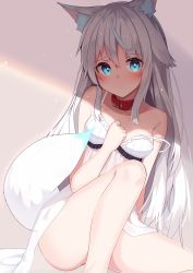 Rule 34 | 1girl, animal ears, bare arms, bare shoulders, blue eyes, blue hair, blush, breasts, closed mouth, collar, collarbone, commentary request, convenient leg, dress, fox ears, fox tail, hand up, highres, long hair, looking at viewer, medium breasts, multicolored hair, original, red collar, ryu narb, silver hair, sitting, sleeveless, sleeveless dress, solo, strap slip, streaked hair, tail, tail raised, very long hair, white dress