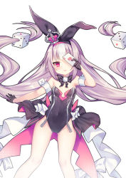 Rule 34 | 1girl, :d, ace (playing card), ace of hearts, ao jun, azur lane, black bow, black gloves, black hairband, black leotard, black ribbon, blush, bow, card, covered navel, crown, dice hair ornament, gloves, groin, hair ornament, hair ribbon, hairband, half gloves, heart, hobby (azur lane), holding, holding card, leotard, long hair, mini crown, multicolored hair, one eye covered, open mouth, playing card, purple hair, red eyes, ribbon, simple background, smile, solo, strapless, strapless leotard, streaked hair, tilted headwear, twintails, very long hair, white background, white hair