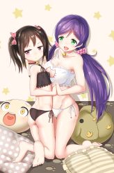 Rule 34 | &gt;:t, 10s, 2girls, :3, :d, :t, angry, ass, asymmetrical docking, bare arms, bare legs, bare shoulders, barefoot, bell, black bra, black hair, black panties, blush, bow, bra, breast envy, breast press, breasts, cat cutout, cat ear panties, cat lingerie, choker, cleavage, cleavage cutout, clothing cutout, collar, feet, female focus, frilled pillow, frills, from side, green eyes, hair bow, height difference, highres, holding hands, interlocked fingers, jingle bell, knees together feet apart, large breasts, legs, lingerie, looking at another, looking away, love live!, love live! school idol project, low twintails, md5 mismatch, meme attire, midriff, minami kotori (bird), multiple girls, neck bell, open mouth, panties, pillow, polka dot, polka dot pillow, purple hair, red eyes, reon-shi, resolution mismatch, scrunchie, short twintails, side-tie panties, small breasts, smile, sonoda umi, source smaller, star (symbol), striped, striped pillow, tojo nozomi, twintails, underwear, underwear only, v-shaped eyebrows, white bra, white panties, yazawa nico, yuri