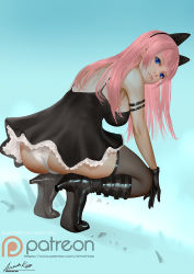 Rule 34 | 1girl, animal ears, ariverkao, arm strap, ass, black dress, black gloves, black thighhighs, blue background, blue eyes, boots, breasts, cat ears, dated, dress, fake animal ears, from behind, gloves, high heel boots, high heels, large breasts, lips, long hair, looking at viewer, looking back, original, panties, patreon logo, pink hair, signature, solo, squatting, thighhighs, underwear, white panties