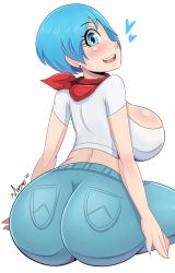 Rule 34 | 1girl, artist name, ass, blue eyes, blue hair, blush, bmayyne, breasts, bulma, denim, dragon ball, dragon ball super, earrings, female focus, from behind, heart, highres, huge ass, jeans, jewelry, large breasts, looking at viewer, looking back, matching hair/eyes, open mouth, pants, red scarf, scarf, shirt, short hair, short sleeves, sideboob, signature, sitting, smile, solo, stud earrings, white background, white shirt