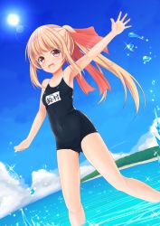 Rule 34 | 1girl, arm up, armpits, beach, brown hair, cloud, covered navel, day, gluteal fold, highres, legs, long hair, ocean, open mouth, original, outdoors, outstretched arms, ponytail, red eyes, ribbon, school swimsuit, sky, smile, solo, sun, swimsuit, wading