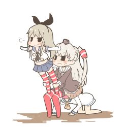 Rule 34 | 10s, 3girls, all fours, amatsukaze (kancolle), blonde hair, blush, blush stickers, brown hair, chibi, elbow gloves, gloves, hair ribbon, hair tubes, heavy breathing, inishie, kantai collection, midriff, multiple girls, navel, open mouth, ribbon, shimakaze (kancolle), sitting, sitting on face, sitting on person, striped clothes, striped legwear, striped thighhighs, sweatdrop, thighhighs, twintails, two side up, wavy mouth, you&#039;re doing it wrong, yukikaze (kancolle)