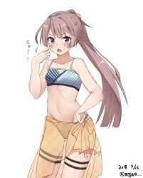 Rule 34 | 1girl, alternate costume, bikini, blue eyes, blush, breasts, brown hair, dated, hair ribbon, hand on own hip, kantai collection, kazagumo (kancolle), long hair, looking at viewer, meguru (megurunn), one-hour drawing challenge, open mouth, ponytail, ribbon, sarong, see-through, simple background, small breasts, solo, swimsuit, thigh strap, twitter username, white background