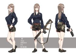 Rule 34 | 1girl, absurdres, black shirt, breasts, brown eyes, brown hair, camouflage, camouflage shorts, collarbone, earrings, grey background, gun, hair ornament, hairclip, hand in pocket, highres, holding, holding gun, holding weapon, jewelry, long hair, long sleeves, medium breasts, mole, mole under mouth, multiple views, original, profile, puffy long sleeves, puffy sleeves, shirt, short shorts, shorts, standing, two-tone background, utsuda, weapon, weapon request, white background