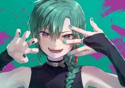 Rule 34 | 1other, abstract background, bare shoulders, black shirt, braid, braided ponytail, bridal gauntlets, commentary request, earrings, eyes visible through hair, green background, green nails, green theme, hair between eyes, hair over shoulder, highres, jewelry, long hair, looking at viewer, multicolored nails, nail polish, nijisanji, open mouth, purple eyes, ring, ryuushen, shirt, sleeveless, smile, solo, syuri22, tassel, teeth, upper body, virtual youtuber