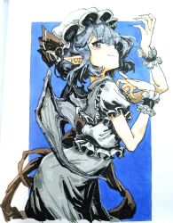 Rule 34 | 1girl, bat wings, blue background, blue hair, border, bow, bracelet, brown eyes, closed mouth, curly hair, fang, fang out, fingernails, frilled hat, frilled shirt, frilled sleeves, frills, grey shirt, grey skirt, grey wings, hands up, hat, hat ribbon, highres, jewelry, long fingernails, looking at viewer, marker (medium), mob cap, outside border, pointy ears, profile, puffy short sleeves, puffy sleeves, red bow, red ribbon, remilia scarlet, ribbon, shirt, short hair, short sleeves, sidelocks, skirt, skirt set, solo, standing, touhou, traditional media, waist bow, white border, white hat, wings, wrist cuffs, xinjinjumin
