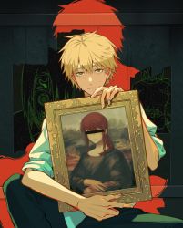 Rule 34 | 1boy, absurdres, black necktie, black pants, blonde hair, blouse, brown eyes, chainsaw man, collared shirt, denji (chainsaw man), fine art parody, highres, looking at viewer, male focus, mona lisa, necktie, painting (object), pants, parody, portrait, shirt, shirt tucked in, short hair, sleeves rolled up, solo, tears, tu zi xia, white shirt