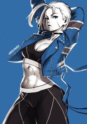 Rule 34 | 1girl, arms behind head, blonde hair, blue background, blue eyes, blue jacket, cammy white, collar, crop top, jacket, looking at viewer, midriff, miss faves, pants, scar, street fighter, street fighter 6