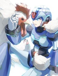 Rule 34 | 1boy, android, animal, armor, bird, blue armor, blue eyes, chicken, commentary, glowing, helmet, hoshi mikan, knee up, looking at another, male focus, mega man (series), mega man x (series), parted lips, robot, shadow, sitting, solo, x (mega man)