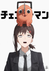 Rule 34 | 1girl, absurdres, black jacket, black necktie, breasts, brown eyes, brown hair, chainsaw man, chanism!, collared shirt, commentary request, copyright name, dog, facing viewer, formal, hair ornament, hairclip, higashiyama kobeni, highres, jacket, looking up, low ponytail, necktie, open clothes, open jacket, open mouth, pochita (chainsaw man), shirt, short hair, short ponytail, signature, simple background, small breasts, suit, sweat, teeth, upper body, white background, white shirt