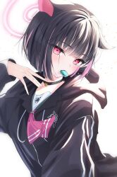 Rule 34 | 1girl, animal ears, black choker, black hoodie, black jacket, blue archive, cat choker, cat ears, choker, colored inner hair, food, food in mouth, halo, highres, hood, hooded jacket, hoodie, jacket, kazu (kauk3753), kazusa (blue archive), looking at viewer, macaron, mouth hold, multicolored hair, neckerchief, pink eyes, pink halo, pink neckerchief, short hair, two-tone hair, white background