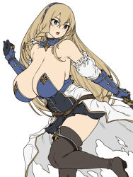 Rule 34 | 1girl, bad id, bad twitter id, bare shoulders, belt, black footwear, blonde hair, blue eyes, blue gloves, blue hairband, blush, boots, braid, breasts, brown belt, cleavage, gloves, hairband, hand up, highres, houtengeki, large breasts, long hair, open mouth, original, simple background, solo, thigh boots, thighs, white background